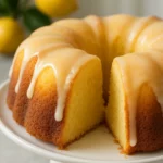 Moist lemon bundt cake with glossy lemon glaze dripping down the sides, displayed on a white cake stand.