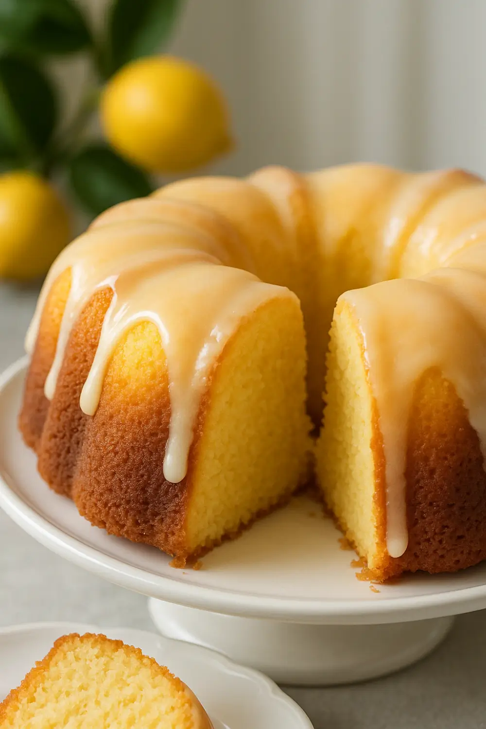 Moist lemon bundt cake with glossy lemon glaze dripping down the sides, displayed on a white cake stand.
