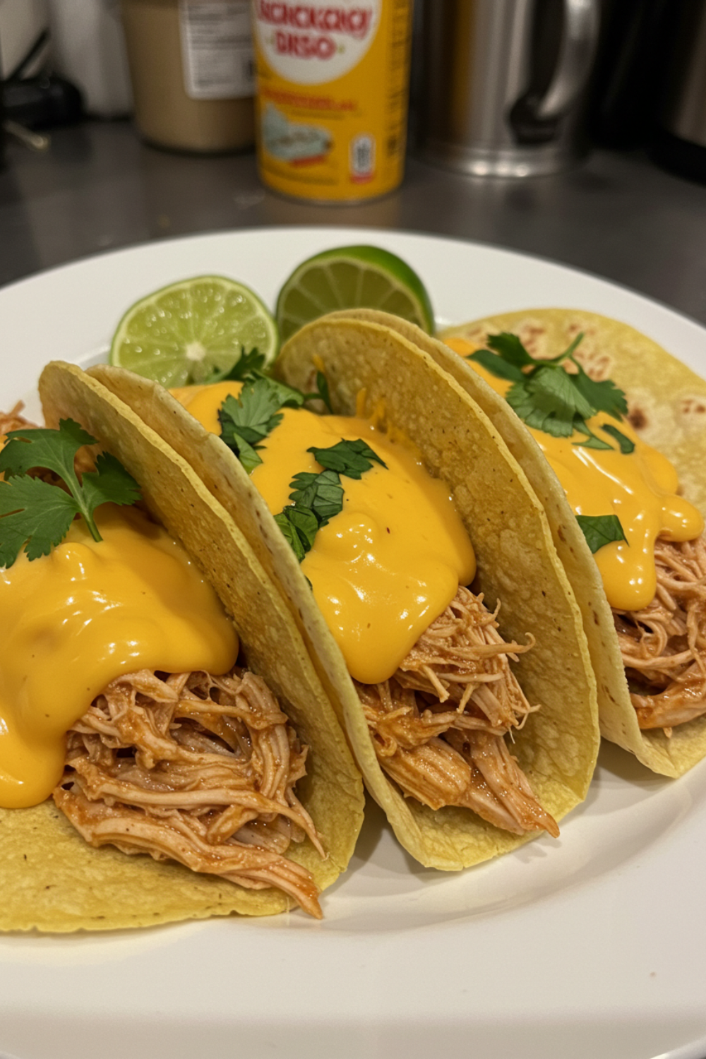 Three corn tortillas filled with shredded queso chicken, topped with creamy cheese sauce and garnished with fresh cilantro and lime slices.