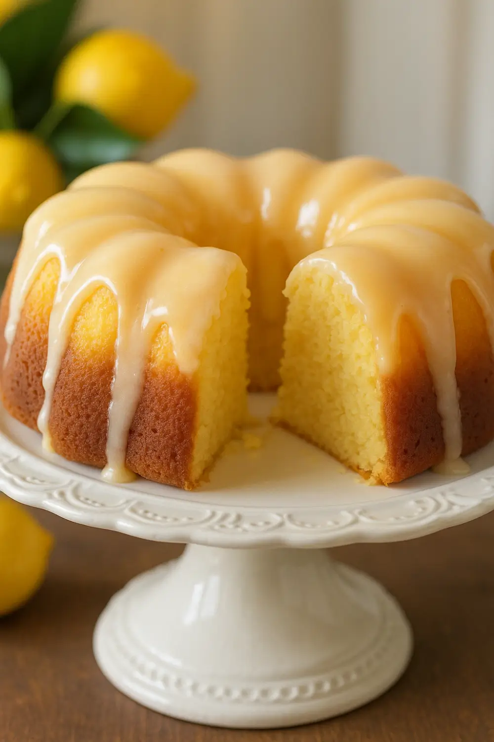 Golden lemon bundt cake with creamy lemon glaze dripping down the sides, displayed on a white pedestal cake stand.
