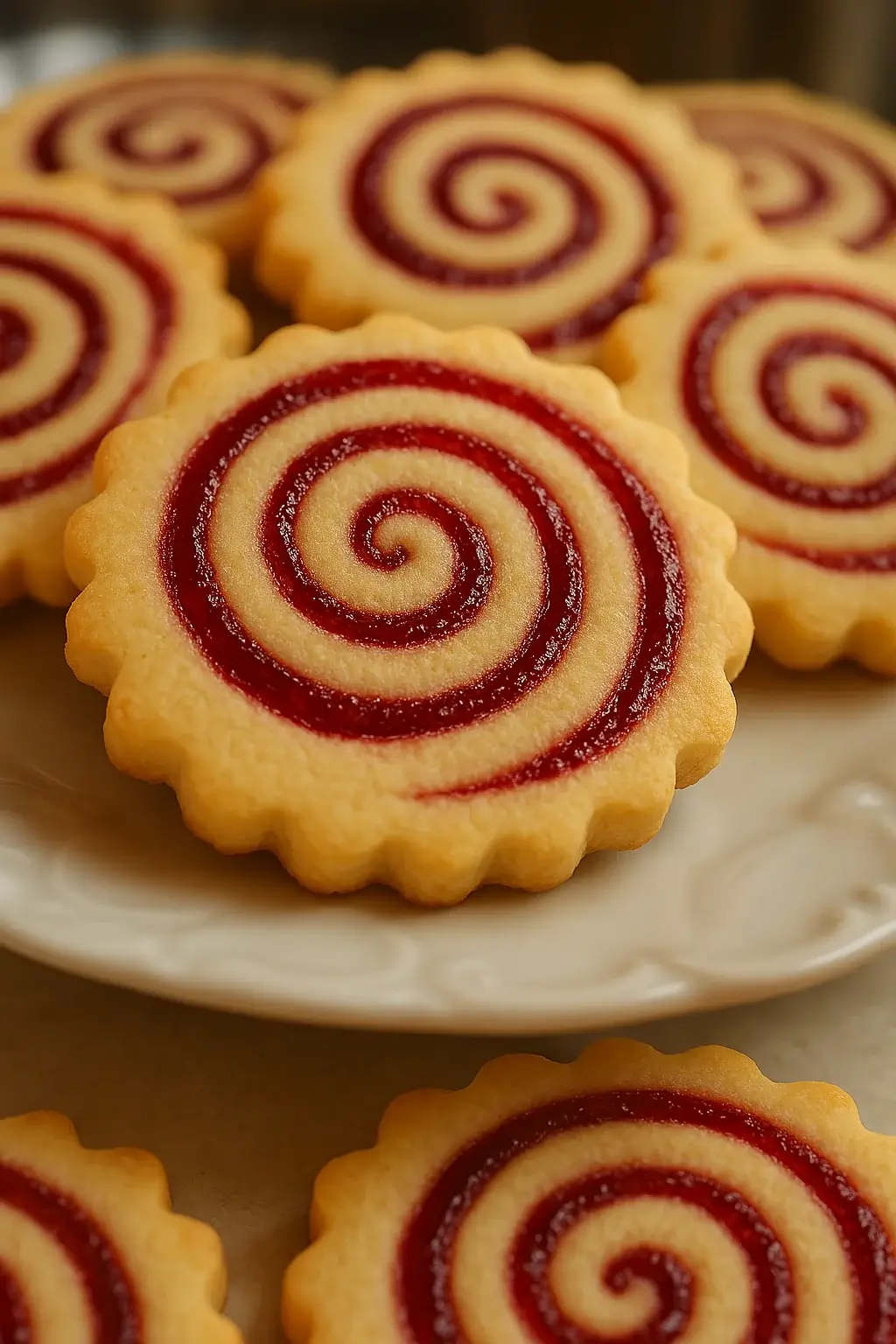 Butter shortbread cookies with raspberry swirl designs on a decorative plate.