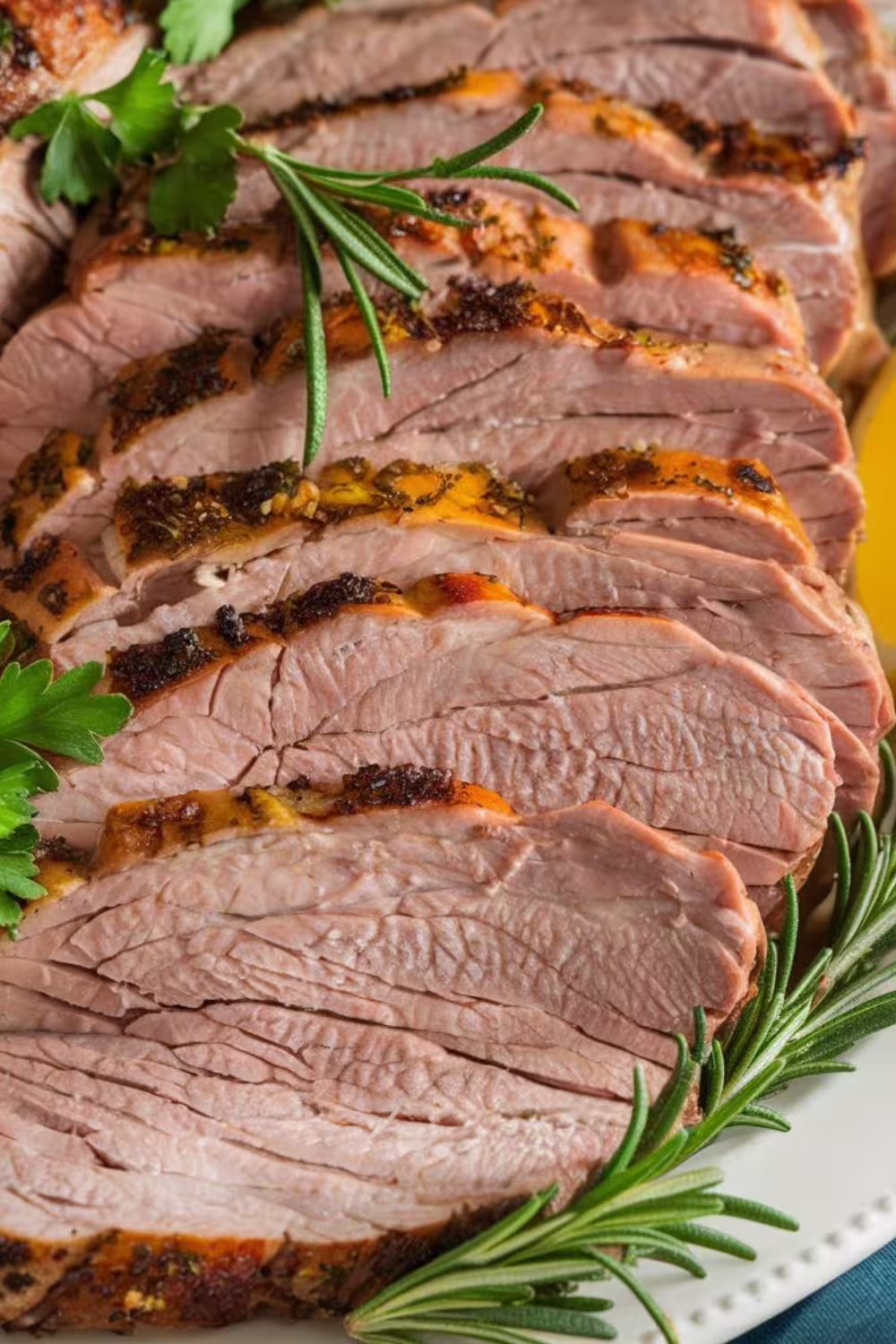 Sliced pork tenderloin roast garnished with fresh rosemary and parsley on a white platter.