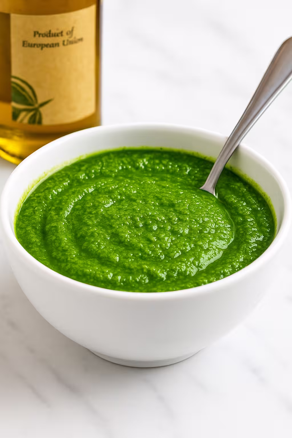 Homemade Pesto Recipe Without Pine Nuts served in a white bowl with a spoon.