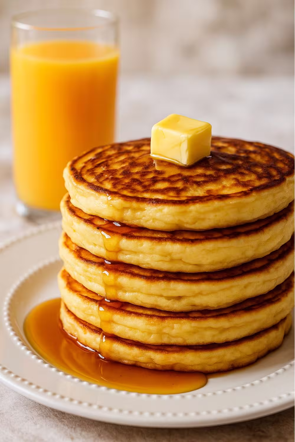Stack of fluffy golden pancakes topped with a pat of butter and drizzled with syrup on a white plate.