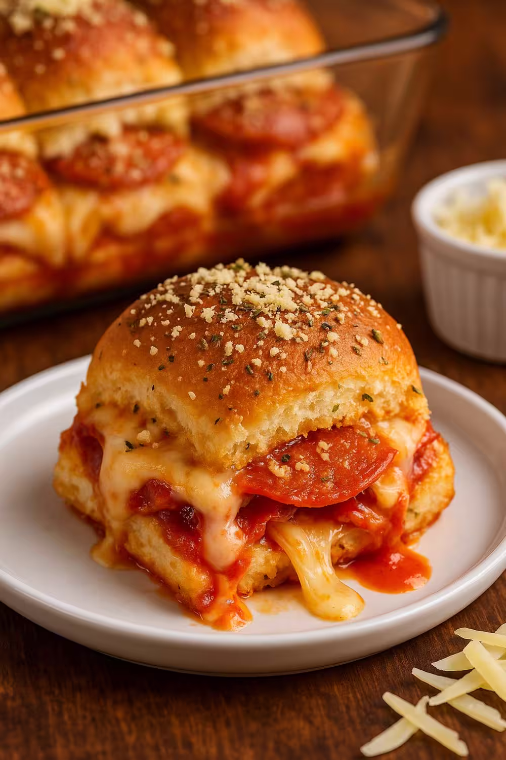 Close-up of a pepperoni pizza slider with melted cheese and marinara sauce, served on a white plate.