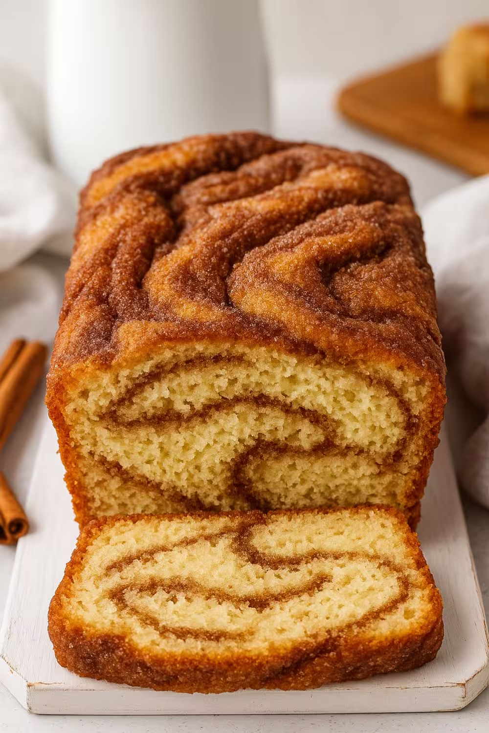 Close-up of a sliced loaf of Amish Cinnamon Bread with a beautifully swirled cinnamon-sugar filling.
