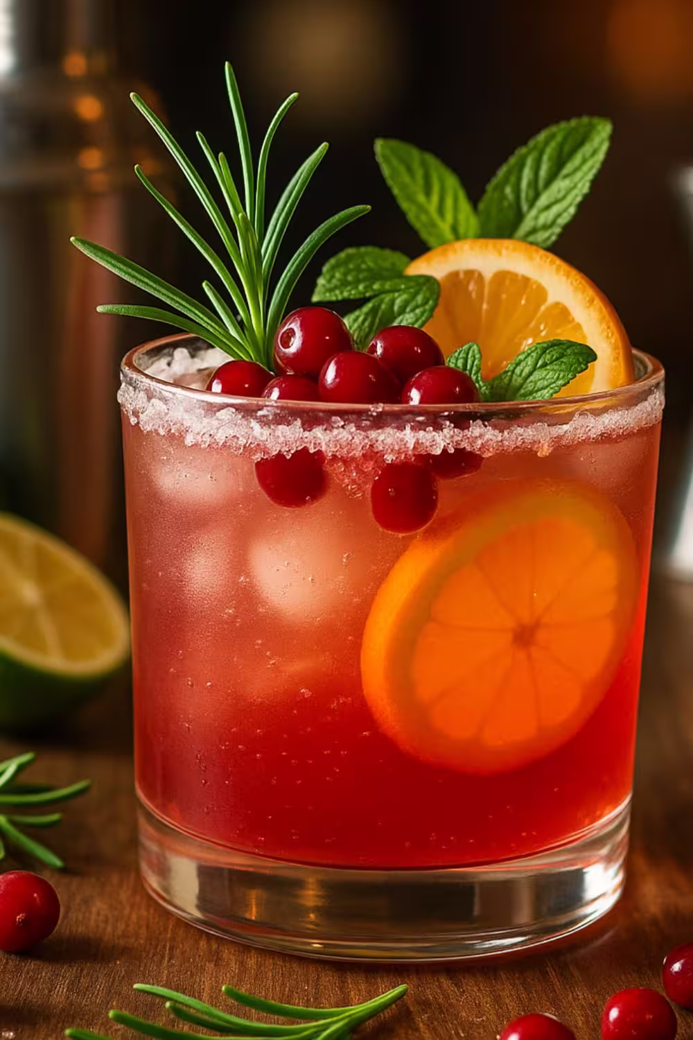 Jalbitedrinks Liquor Festive cocktail with cranberries, orange slice, rosemary, and mint, served in a glass with a sugar rim.
