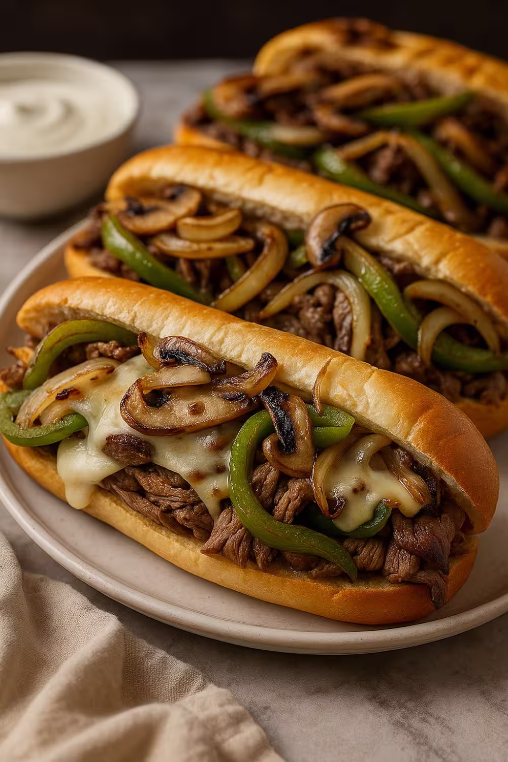 Easy Philly Cheesesteak Sandwiches with melted cheese, sautéed onions, peppers, and mushrooms on hoagie rolls.