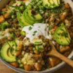 Ground beef enchilada skillet topped with melted cheese, sour cream, avocado slices, and chopped green onions.