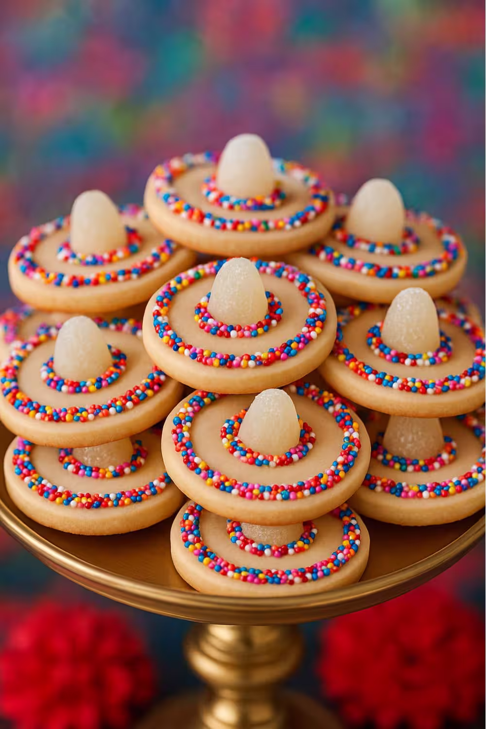 Cinco De Mayo Sombrero Cookies decorated with colorful sprinkles and gumdrop tops, perfect for Cinco de Mayo celebrations.