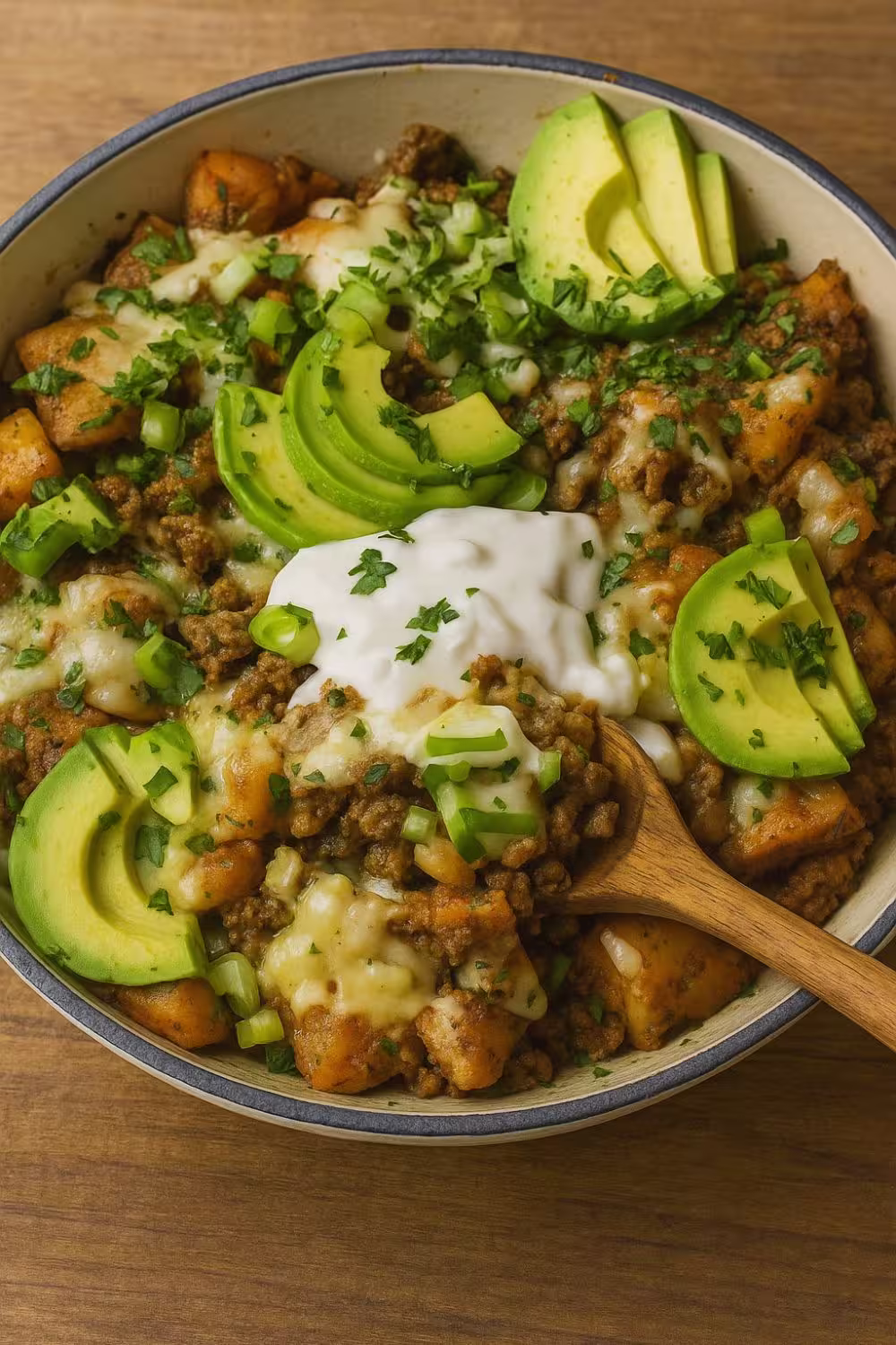Ground beef enchilada skillet topped with melted cheese, sour cream, avocado slices, and chopped green onions.
