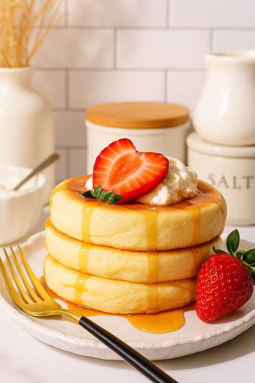 Stack of fluffy Japanese soufflé pancakes topped with whipped cream, fresh strawberry, and maple syrup.