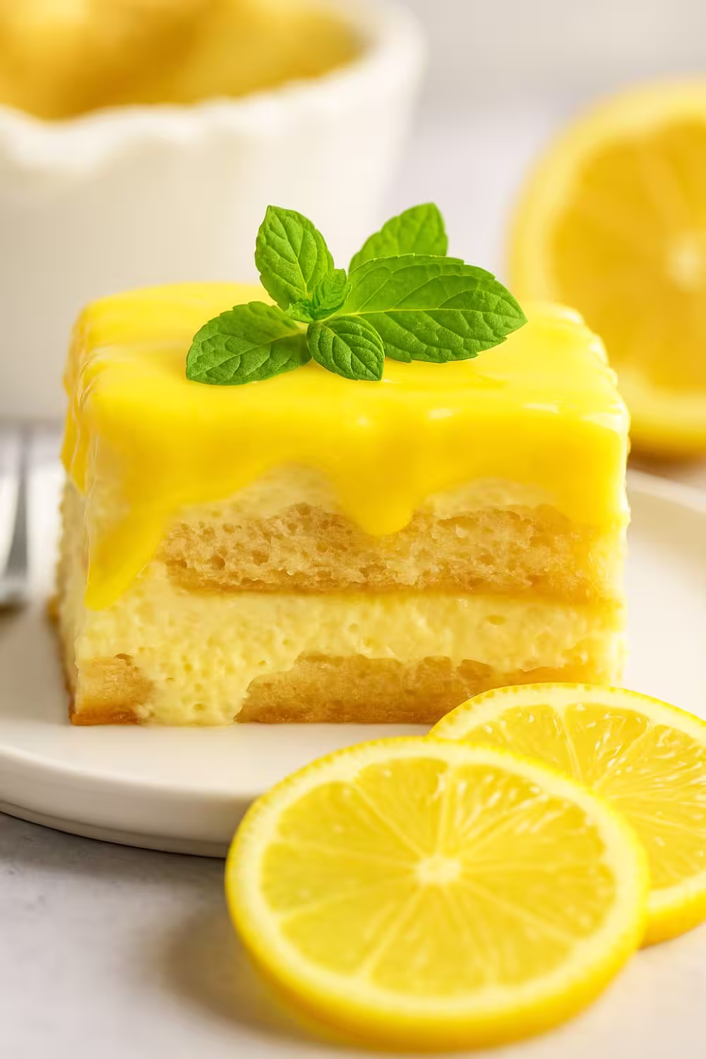 Slice of lemon tiramisu topped with lemon glaze and mint, served with fresh lemon slices.