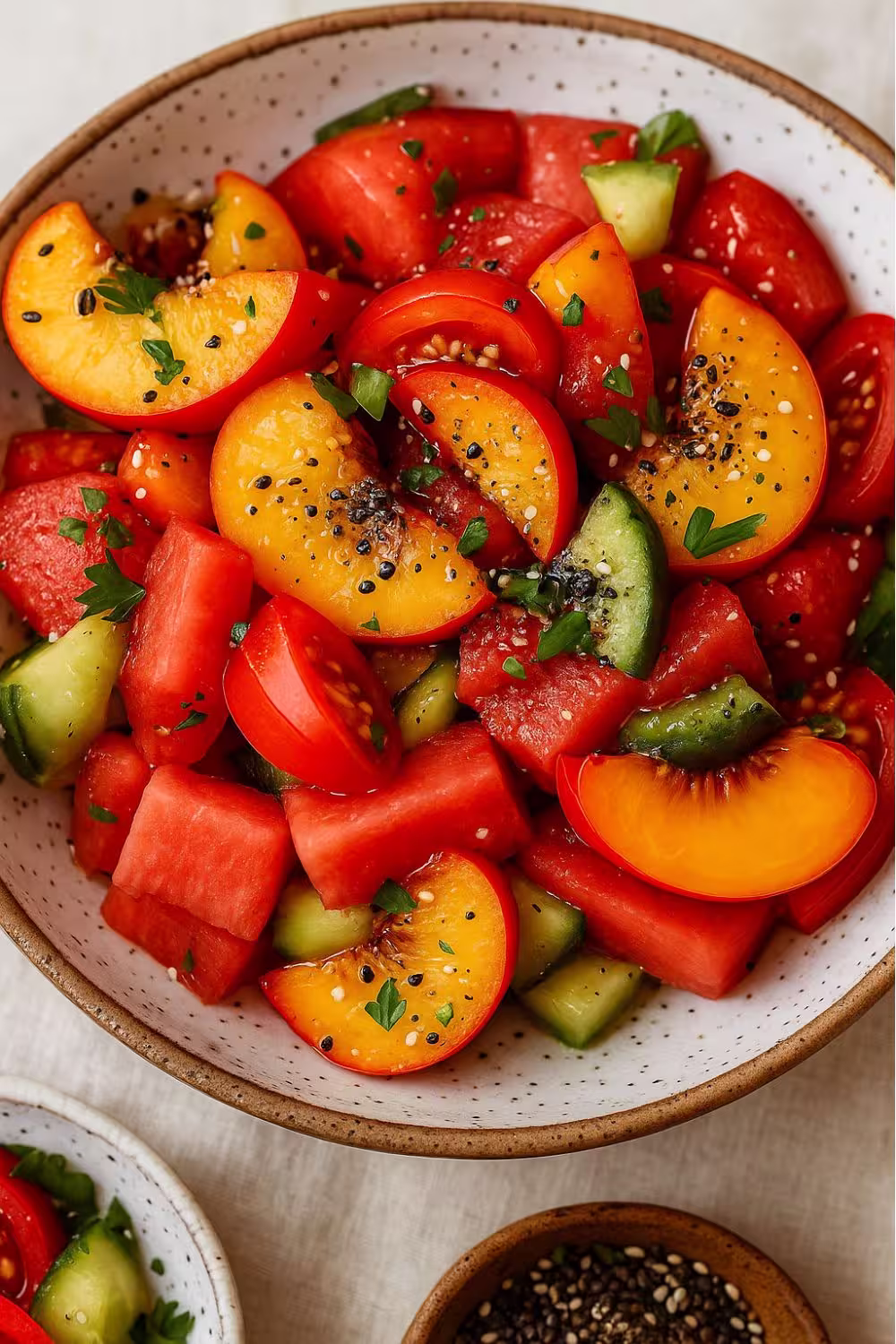 A colorful summer salad featuring fresh peach slices, juicy watermelon cubes, cucumber slices, fresh basil, and a sprinkle of black pepper, served in a rustic bowl.