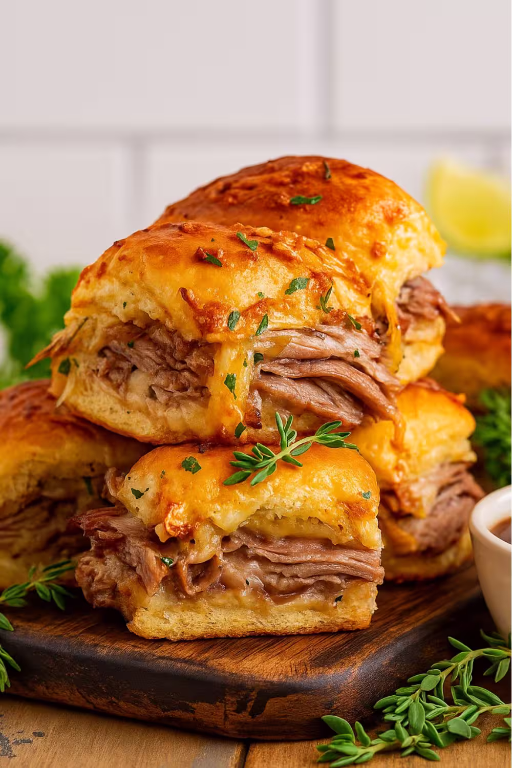 Stacked French Dip Sliders with tender roast beef, melted cheese, and savory au jus, garnished with fresh herbs on a rustic wooden board.