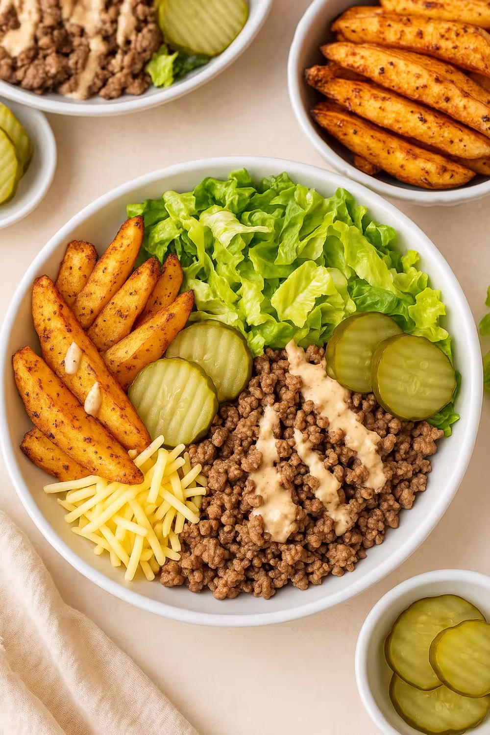 Deconstructed burger bowl with seasoned ground beef, crispy fries, fresh lettuce, pickles, shredded cheese, and a drizzle of burger sauce.