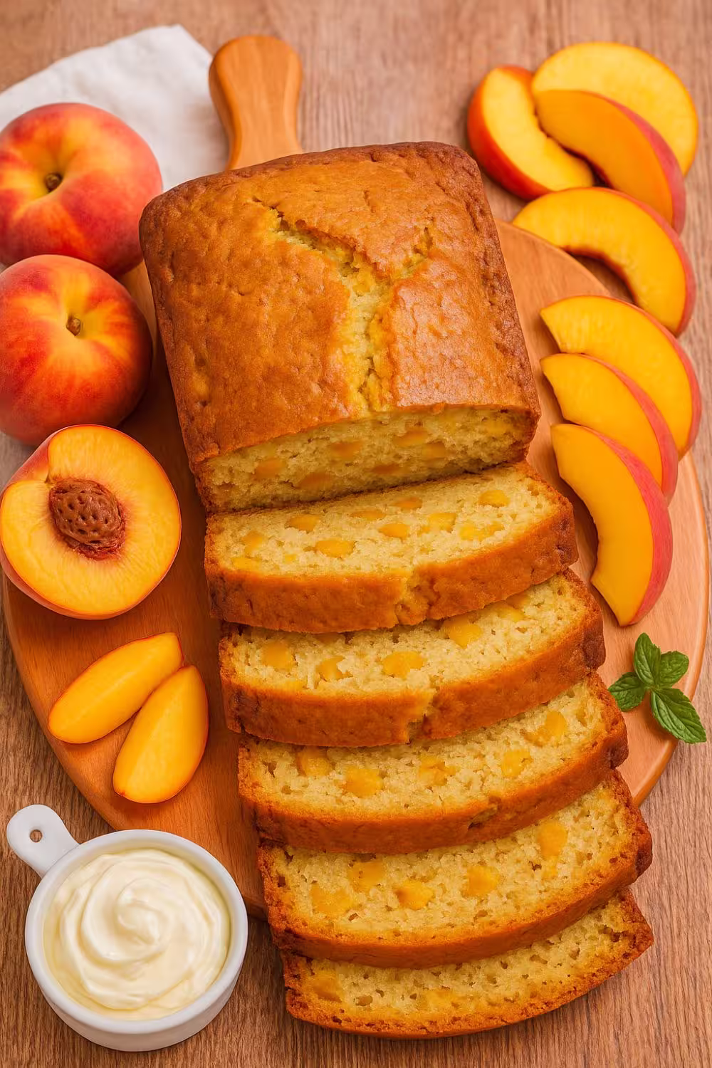 Sliced Southern Peach Bread on a wooden board, surrounded by fresh peach slices and a dollop of cream.