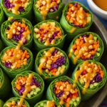 Fresh vegetable spring rolls with vibrant colors, drizzled with peanut sauce.