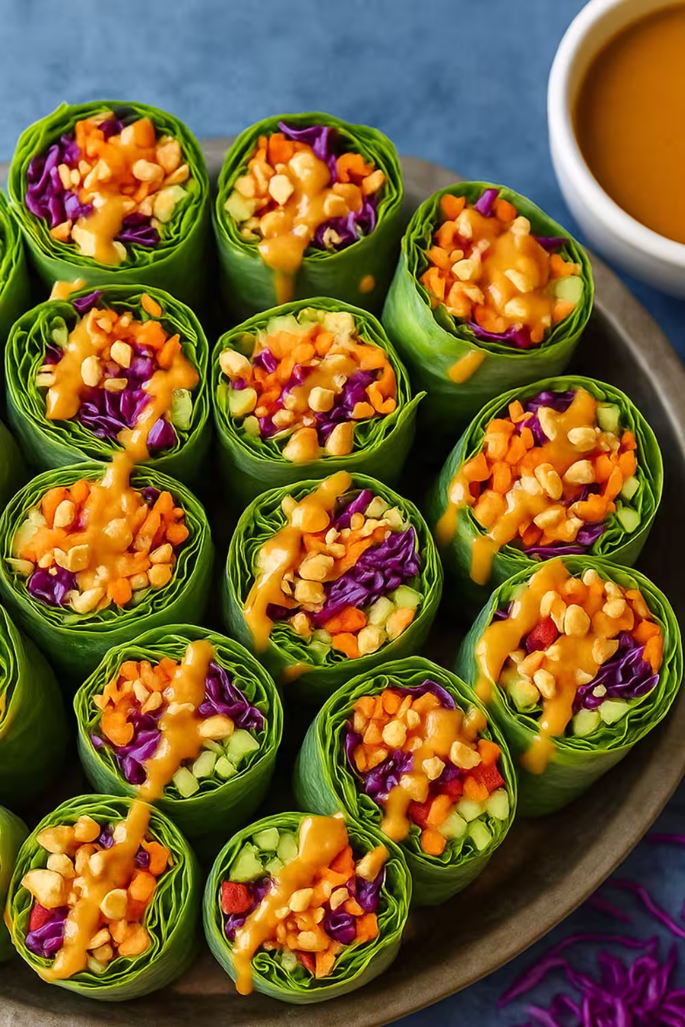Fresh vegetable spring rolls with vibrant colors, drizzled with peanut sauce.