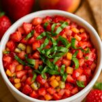 Fresh fruit salsa with diced strawberries, peaches, and kiwi, garnished with basil, served with cinnamon chips.