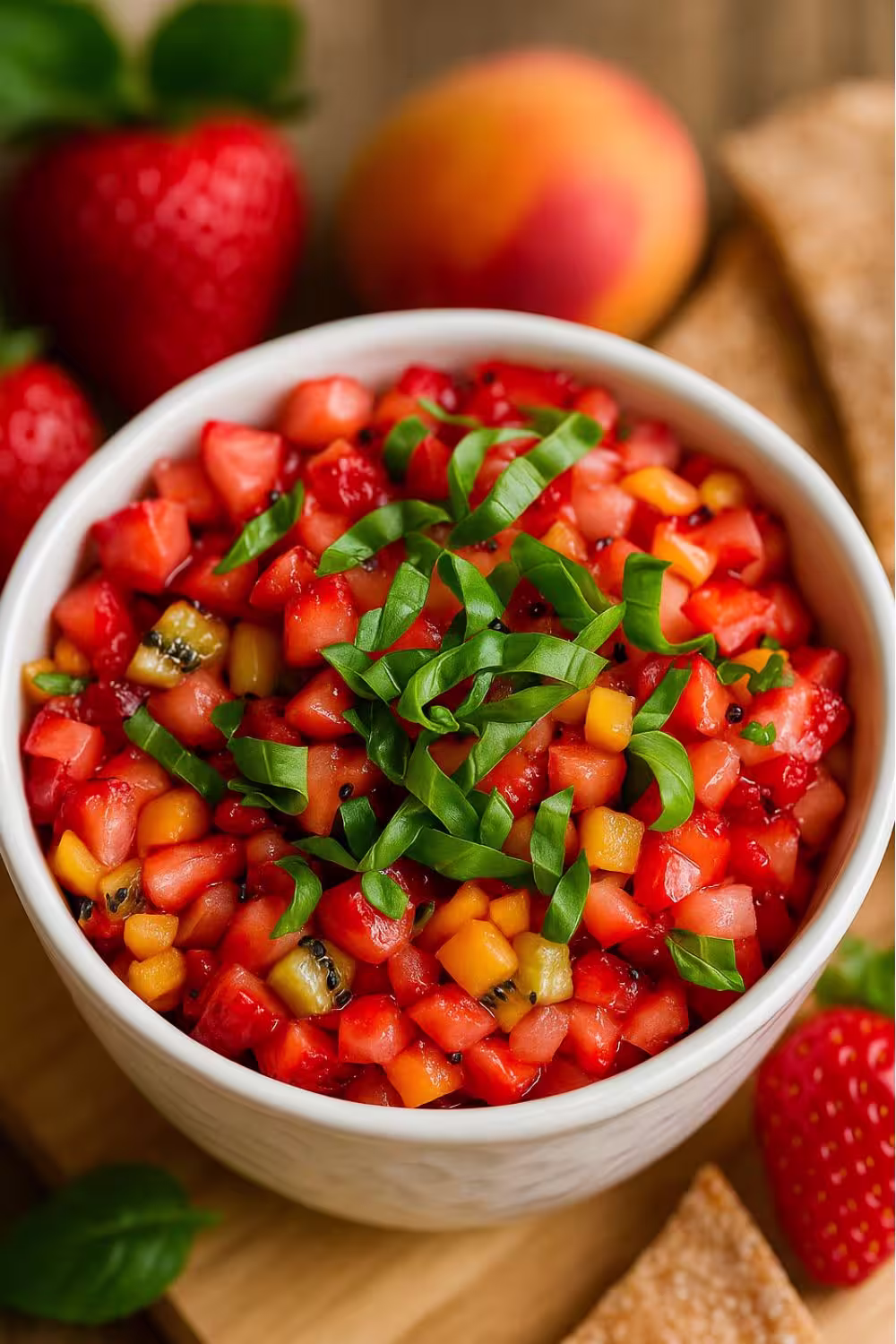 Fresh fruit salsa with diced strawberries, peaches, and kiwi, garnished with basil, served with cinnamon chips.