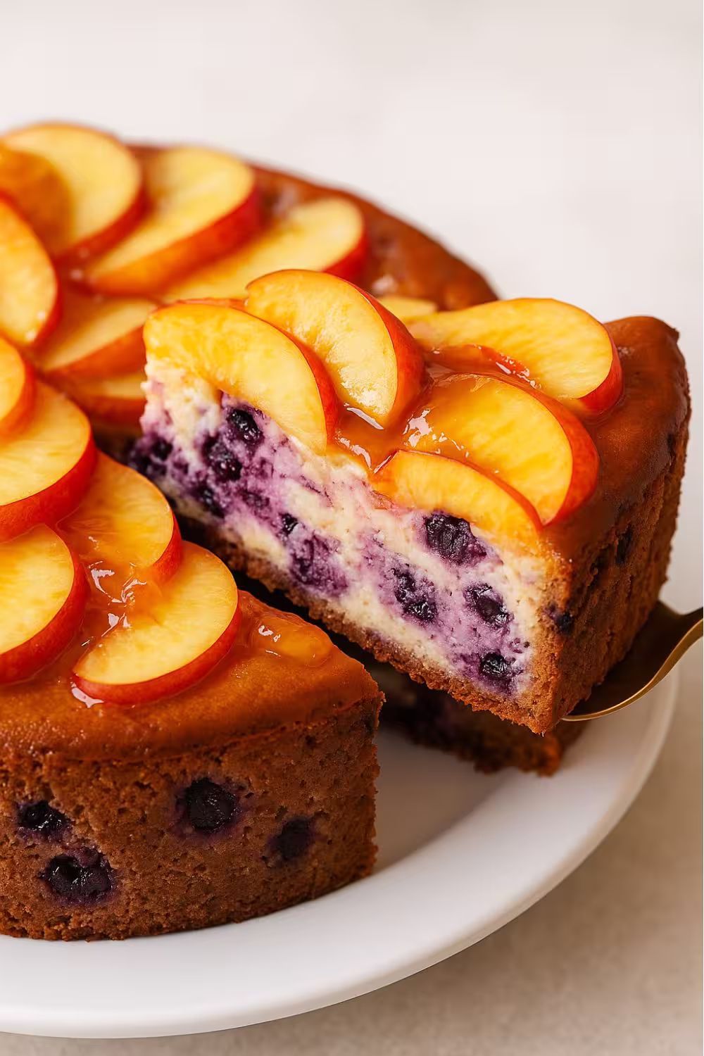 Slice of blueberry baked cheesecake topped with fresh peach slices and a glossy fruit glaze.