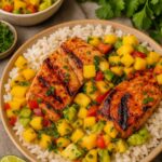 Grilled salmon fillet served on a bed of fluffy rice, topped with vibrant mango salsa and garnished with fresh herbs.