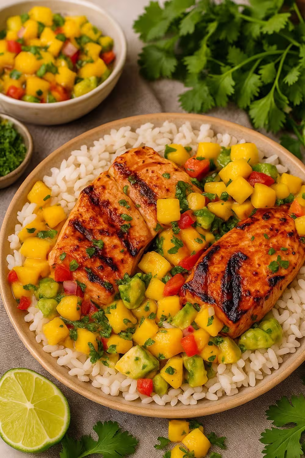 Grilled salmon fillet served on a bed of fluffy rice, topped with vibrant mango salsa and garnished with fresh herbs.