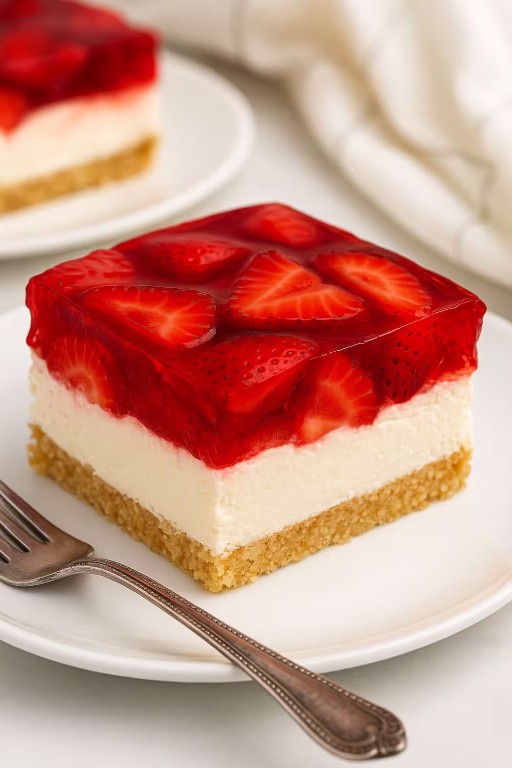 A square slice of Strawberry Icebox Cake featuring a crumbly graham cracker crust, creamy cheesecake layer, and a vibrant strawberry gelatin topping with fresh strawberry slices.