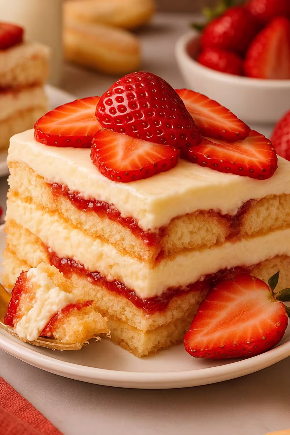 A decadent slice of Strawberry Tiramisu featuring layers of creamy mascarpone, soft ladyfinger biscuits, and a vibrant strawberry filling, topped with fresh strawberry slices.