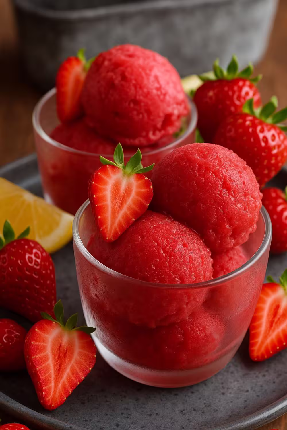Refreshing strawberry sorbet served in a glass bowl, garnished with fresh strawberries and a lemon wedge.