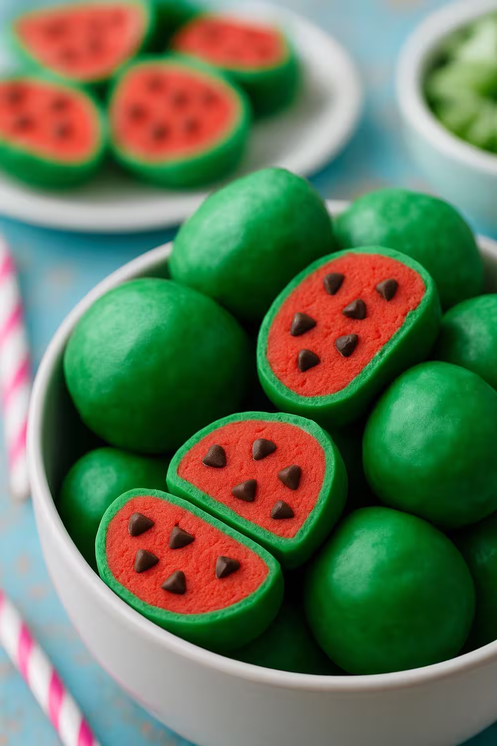 Vibrant green watermelon truffles with a red center and chocolate chip "seeds," arranged in a white bowl.