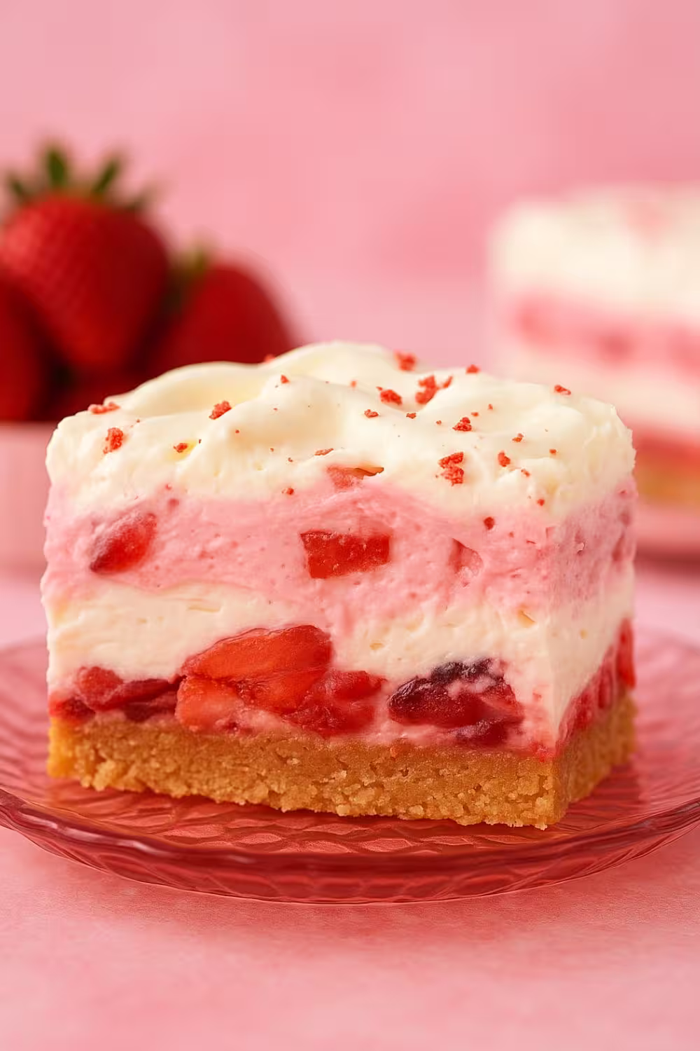 Close-up of a creamy No-Bake Strawberry Delight dessert slice on a pink glass plate, featuring layers of fresh strawberries, whipped cream, and a graham cracker crust.
