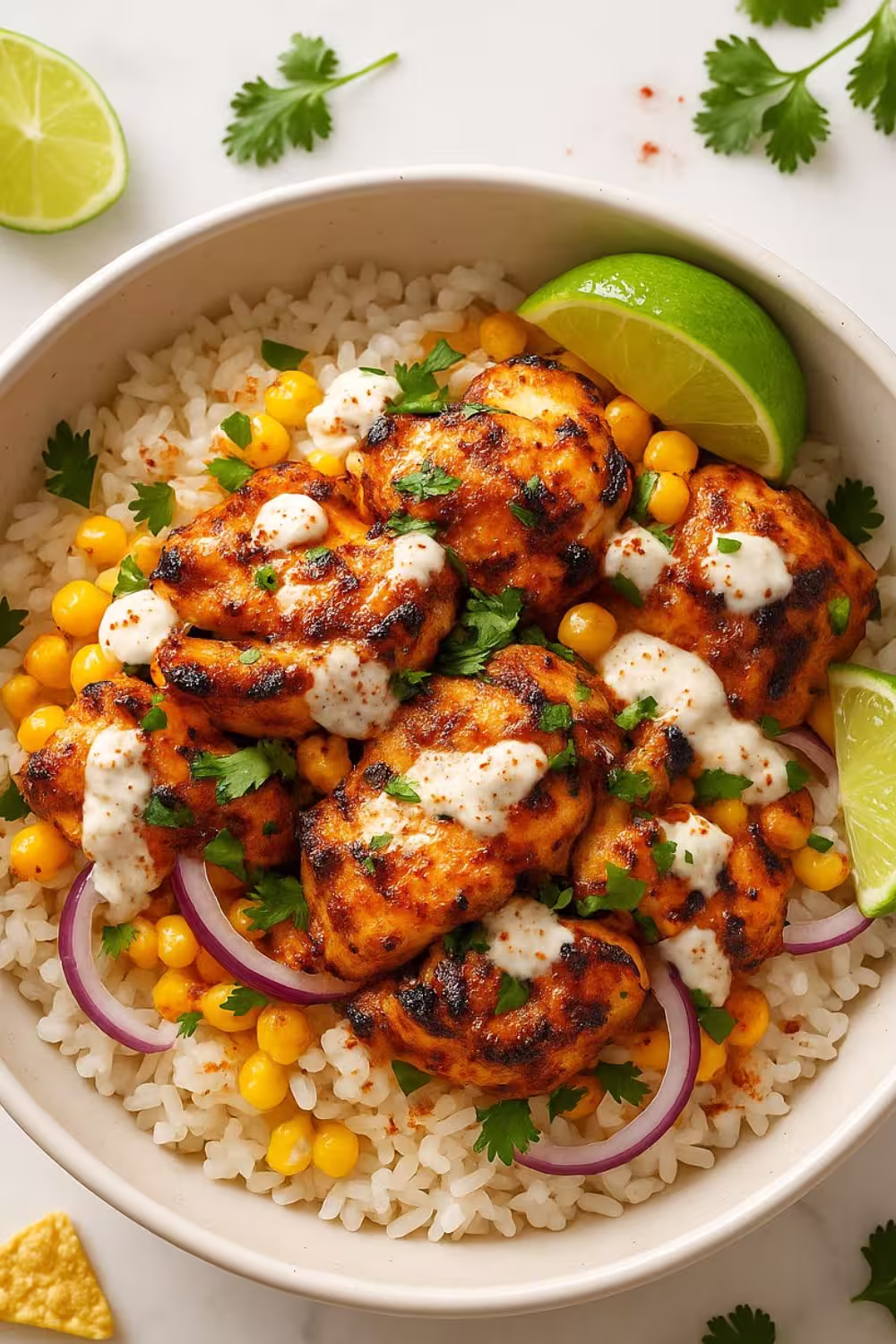 A flavorful Street Corn Chicken Rice Bowl topped with grilled chicken, charred corn, red onions, cilantro, lime wedges, and drizzled with creamy dressing, served with tortilla chips.