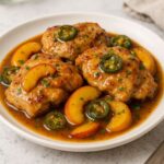 A plate of Jalapeno Peach Chicken featuring tender chicken thighs cooked in a sweet and spicy peach sauce, garnished with sliced jalapenos and fresh herbs.