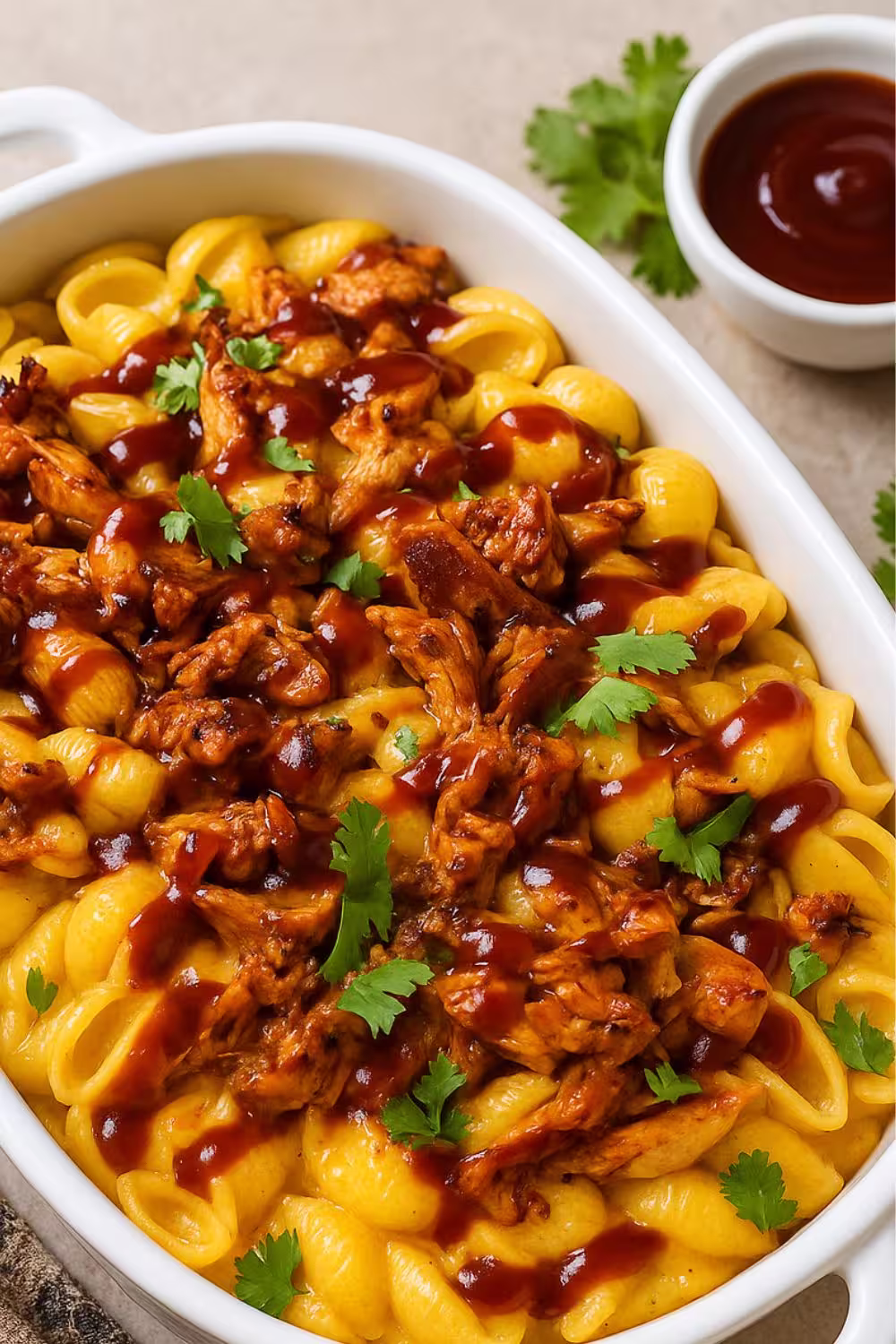Creamy mac and cheese topped with tender BBQ chicken, garnished with fresh cilantro in a white casserole dish.