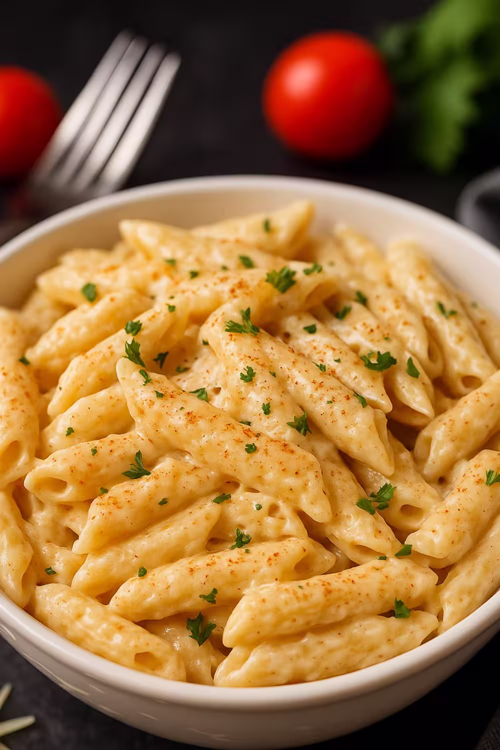 Creamy Cajun Chicken Pasta served in a white bowl, topped with fresh parsley and a light sprinkle of Cajun seasoning.
