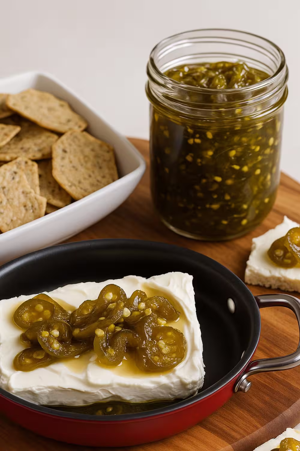A jar of cowboy candy (candied jalapeños) next to cream cheese and crackers served on a wooden board.