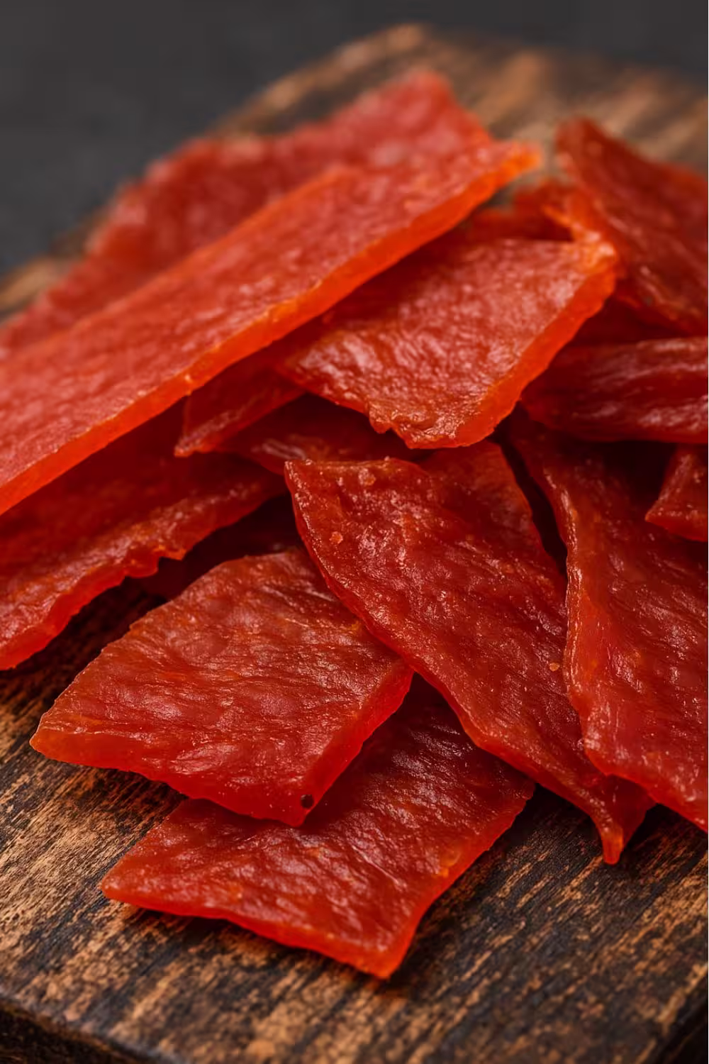 Slices of homemade ground venison jerky on a rustic wooden board.