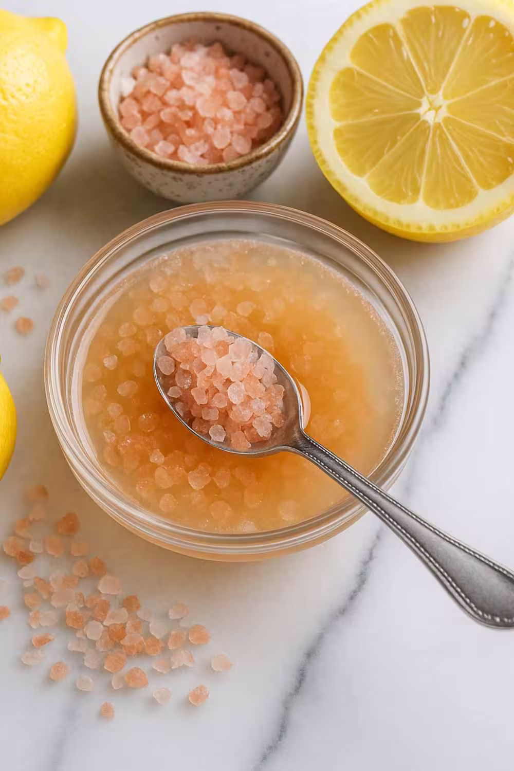 Japanese Pink Salt Recipe mixed with lemon juice, surrounded by lemons and a spoon scooping the salt.