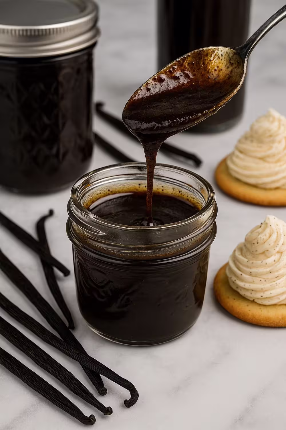 Homemade vanilla bean paste in a glass jar with vanilla pods and piped cookies in the background.