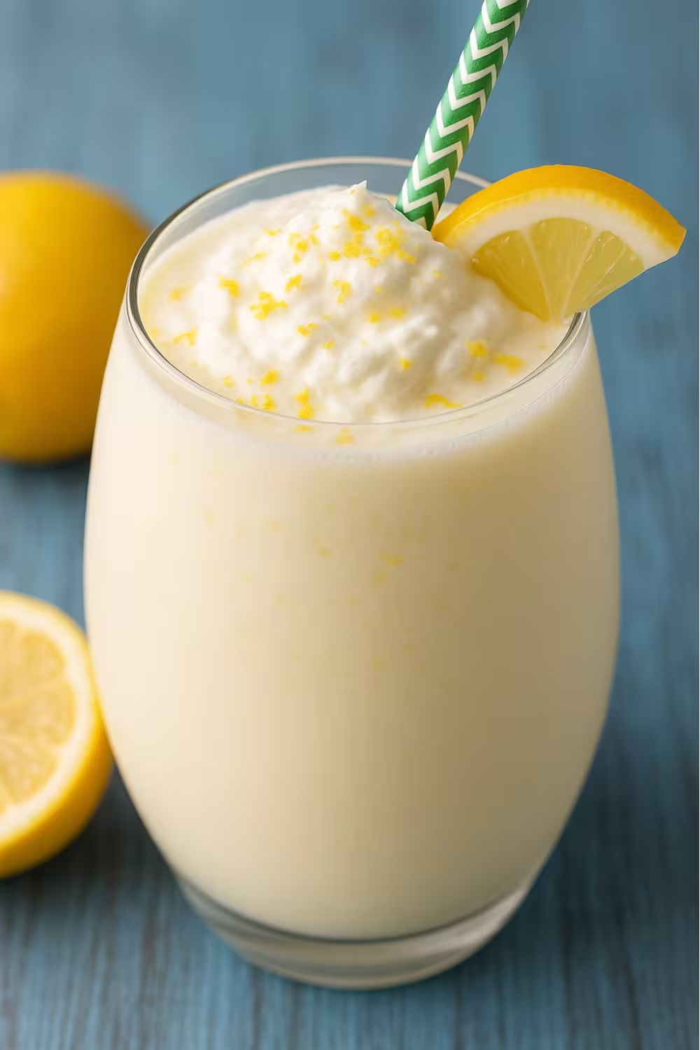 Glass of frozen creamy lemonade topped with whipped cream, lemon zest, and a lemon slice.