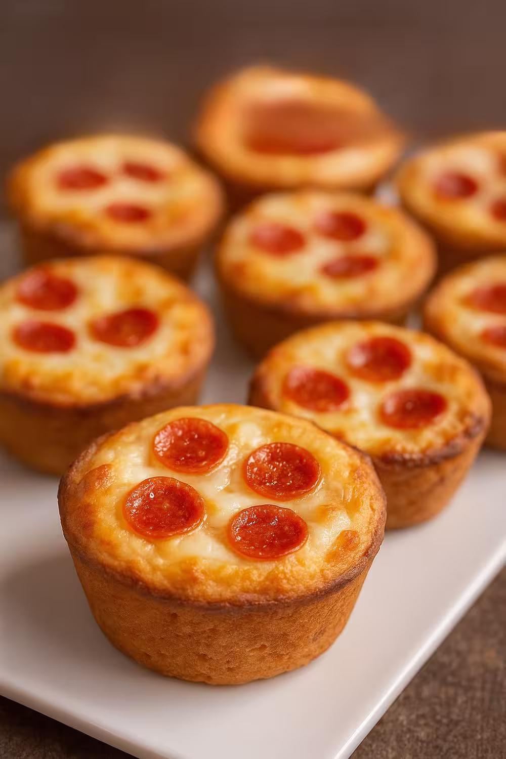 Mini pizza cupcakes topped with melted cheese and mini pepperoni slices on a white platter.