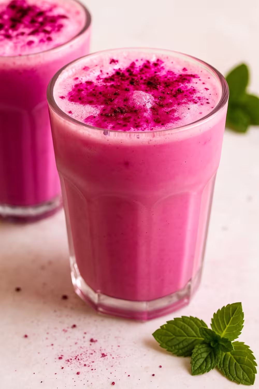 Bright pink Starbucks Dragon Drink in a clear glass, topped with dragon fruit powder and served with fresh mint leaves.