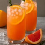 Two glasses of Brass Monkey Drink garnished with orange slices and rosemary, served over ice with grapefruit wedges on the side.