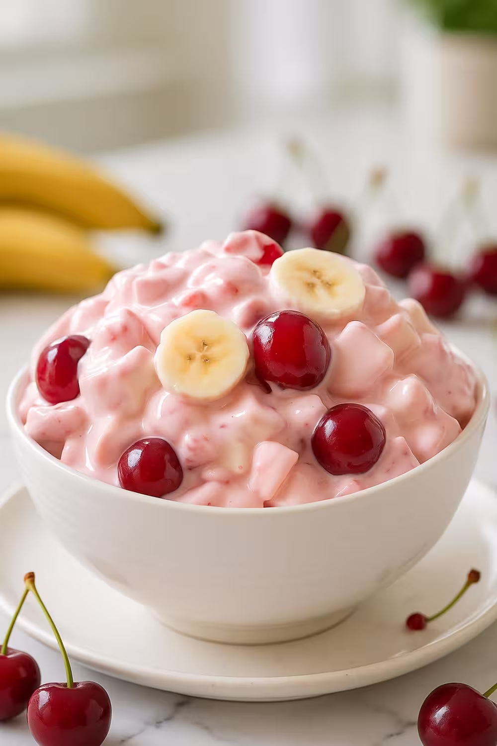 A creamy bowl of better than sex fruit salad recipe with cherries, bananas, and pink dressing