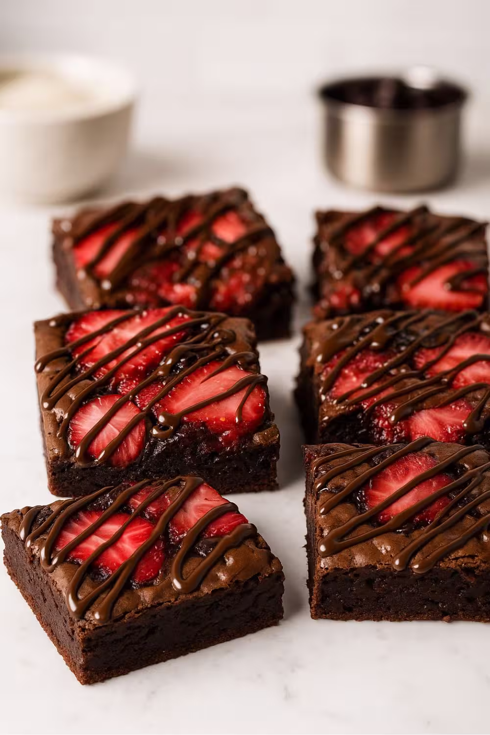 Fudgy chocolate strawberry brownies topped with fresh berries and chocolate drizzle