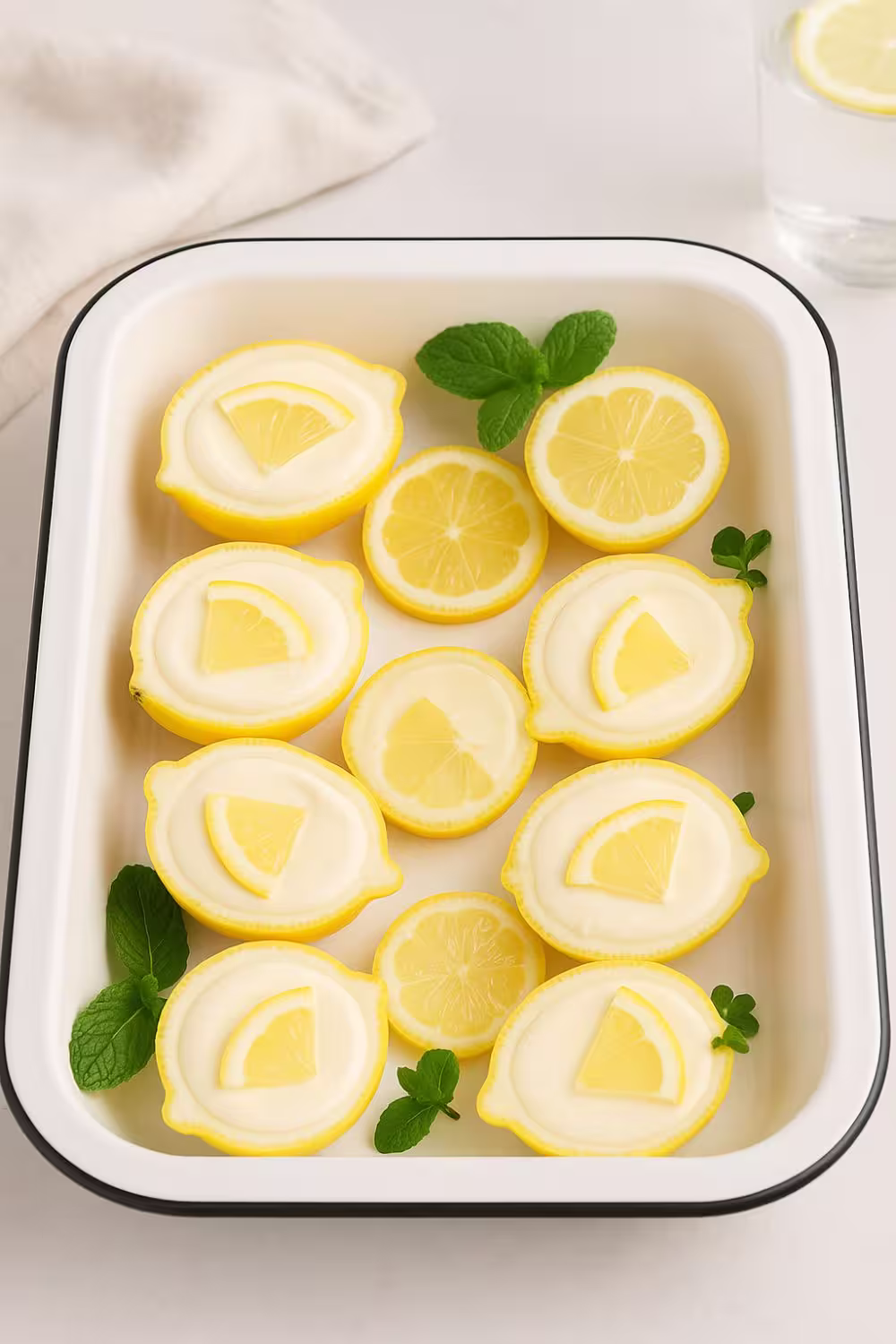 Creamy lemon posset served in lemon shells, garnished with lemon slices and mint leaves