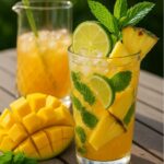 Refreshing summer drink with two tropical fruits, mango and pineapple, garnished with lime and mint in a glass