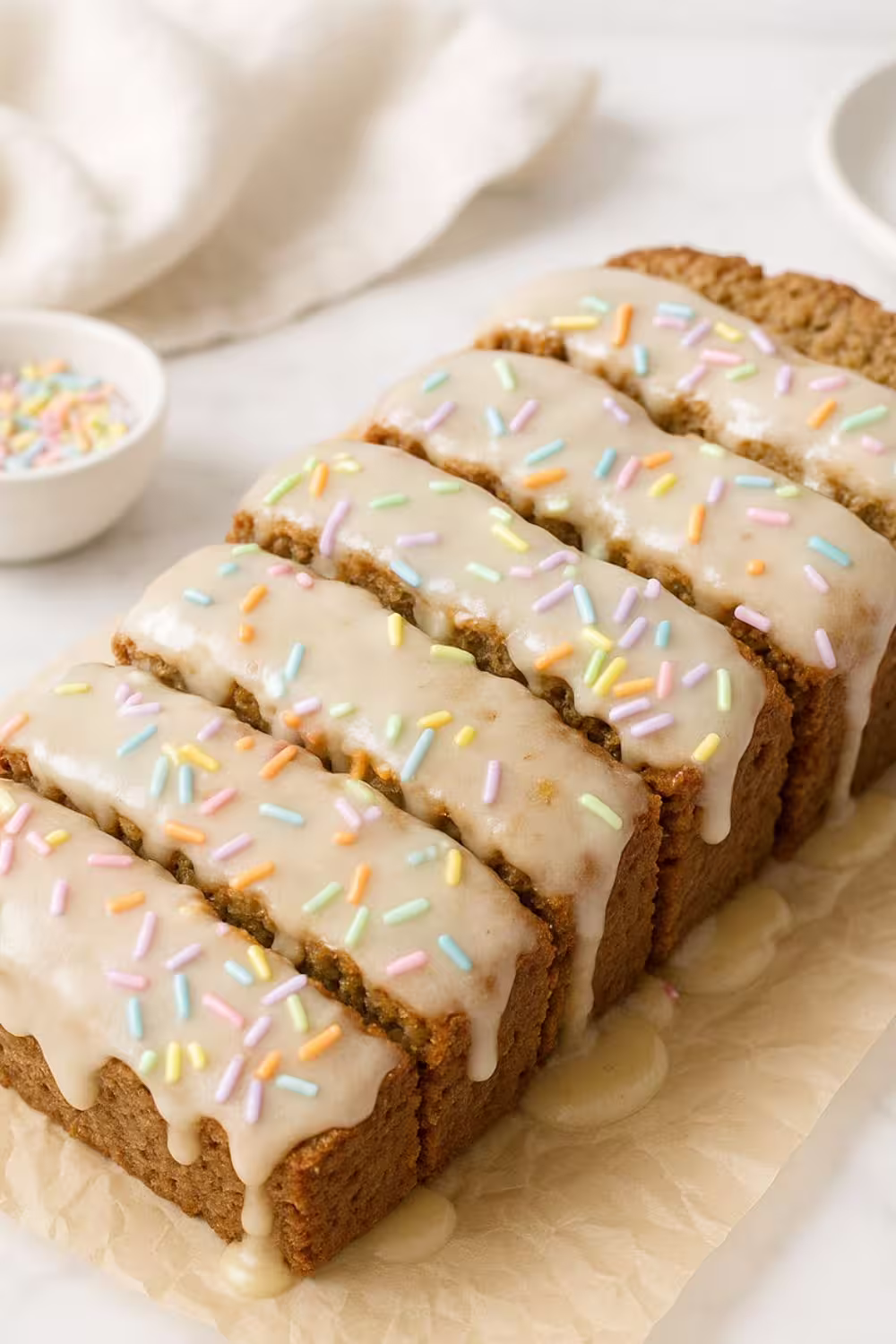 Sliced birthday cake banana bread topped with vanilla glaze and colorful sprinkles